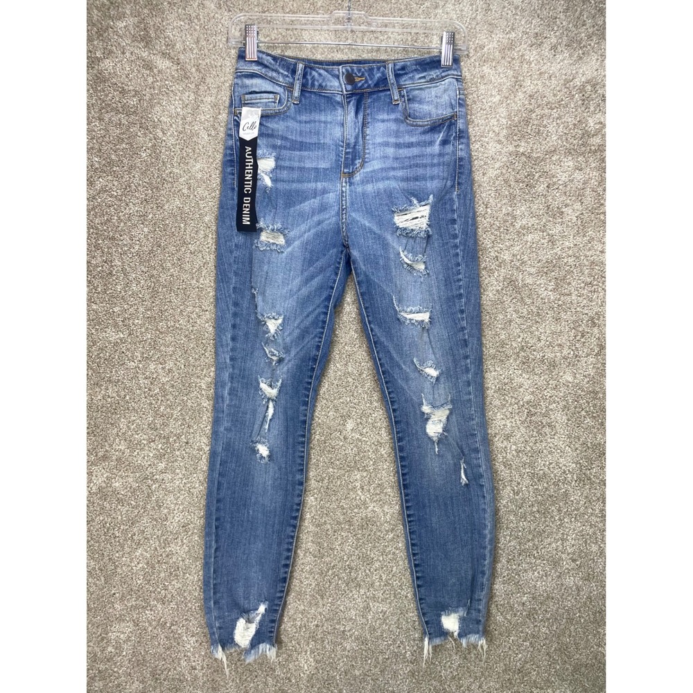 Cello Distressed Raw Hem High Rise Jeans Womens 26 Medium Wash Stretch Denim NEW